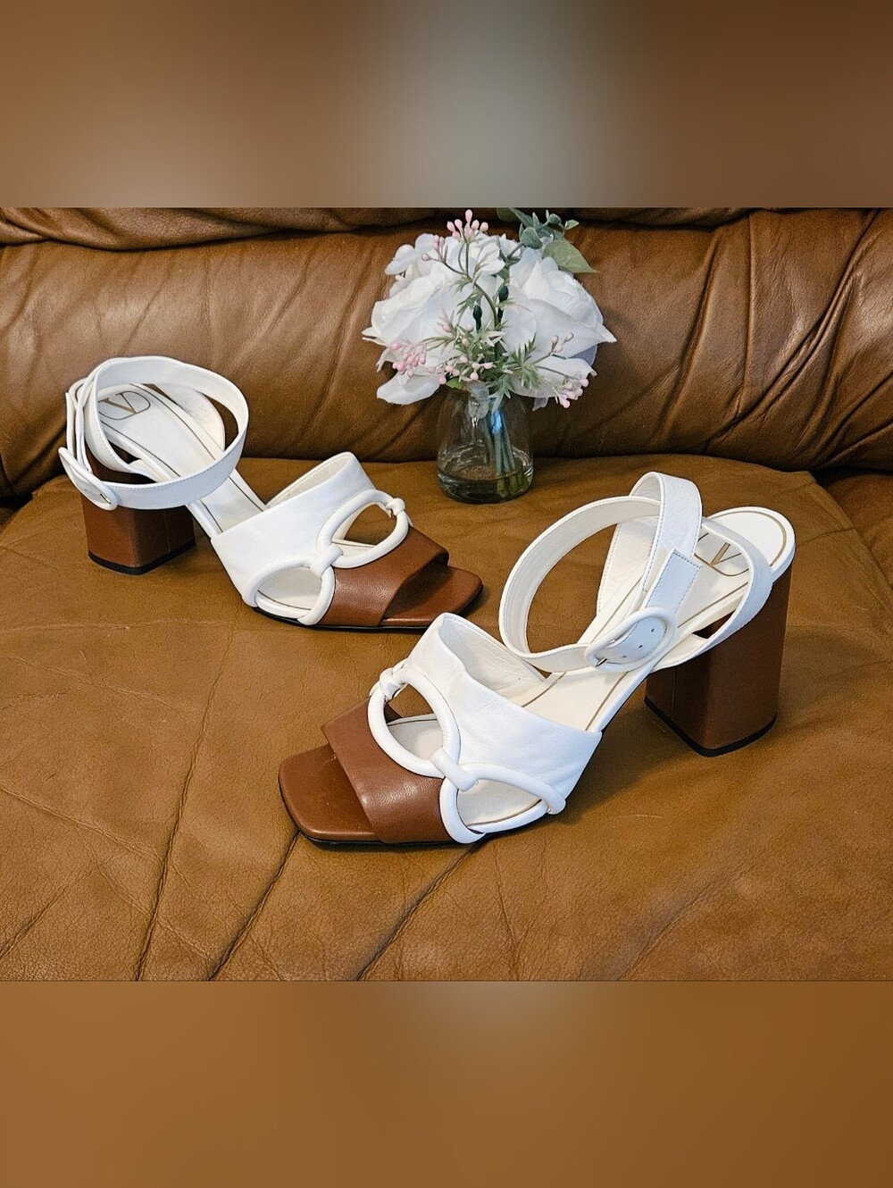 Valentino White and Brown Leather Two-Tone Strappy Block Sandals Size 10 US